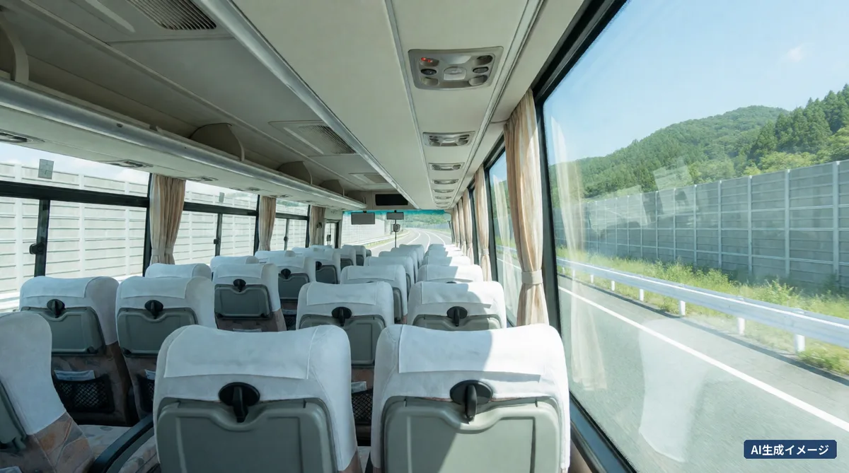 The interior of a highway coach seen down the aisle, with reclining seats and overhead luggage racks (AI-generated image)