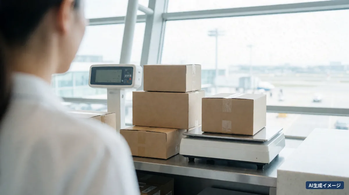 Cardboard boxes and a weighing scale at an airport parcel counter (AI-generated image)