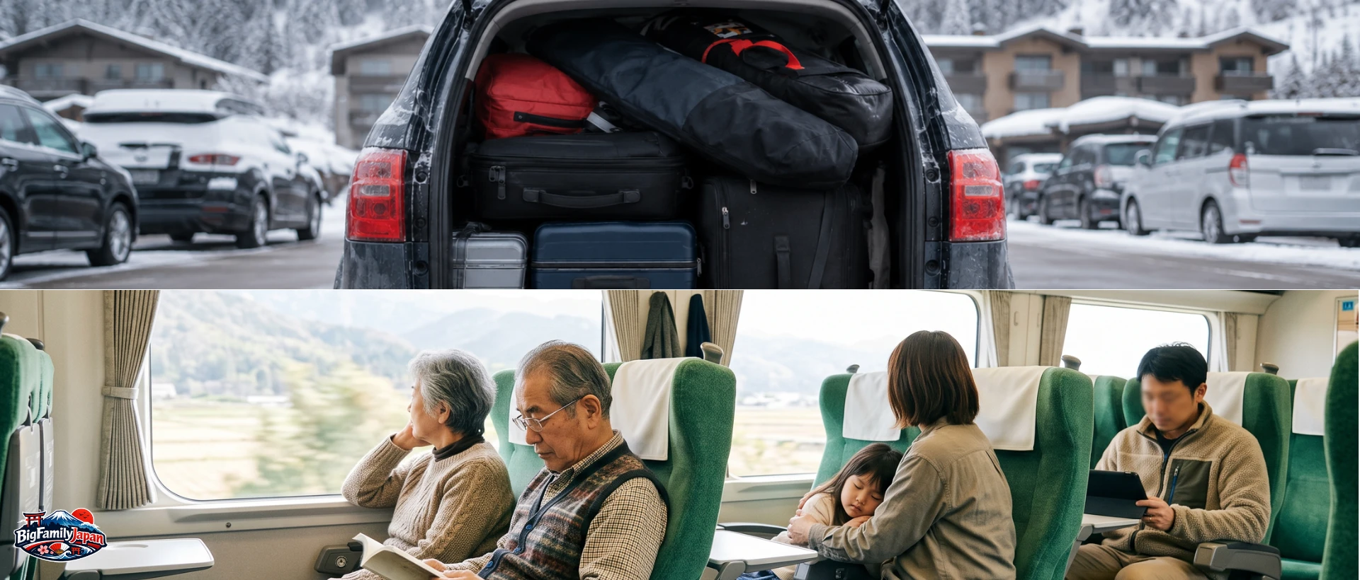 A rental car trunk crammed full of ski gear and suitcases, compared with the roomy seats of a Shinkansen Green Car