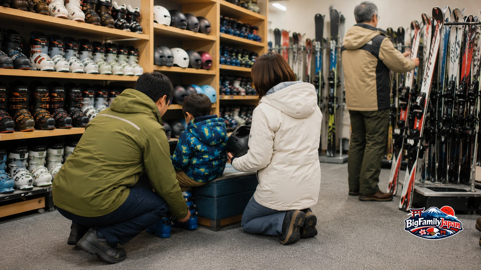 A three-generation family gearing up with ski boots, helmets, and skis, rental-shop shelves in the background