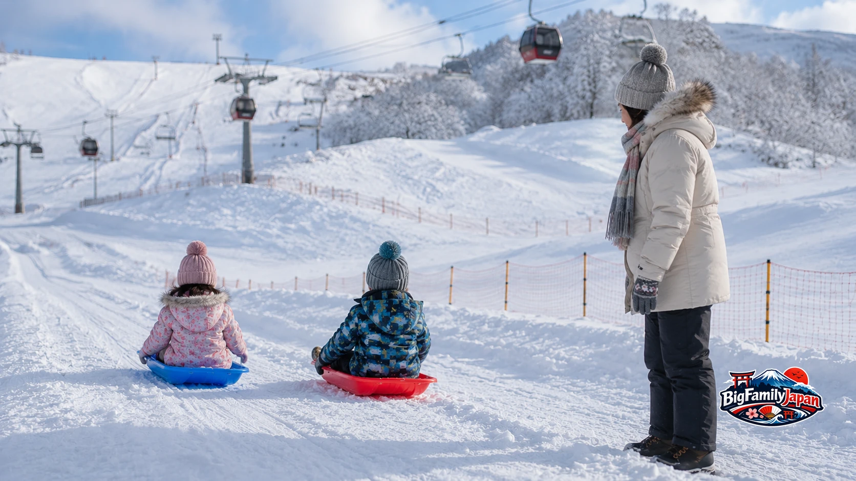 Two children sledding at the snow-play park with their grandmother watching, a gondola lift in the background