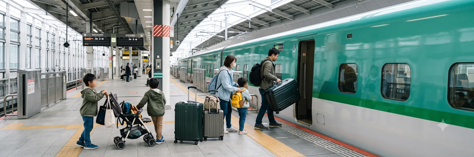 A family with big suitcases boarding a shinkansen at the platform