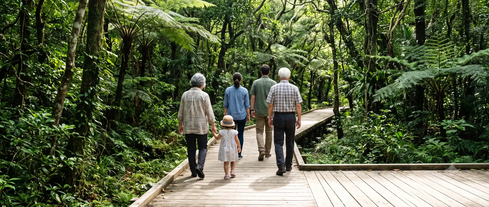 An impression of a three-generation family walking a boardwalk through the Yanbaru forest (AI-generated image)