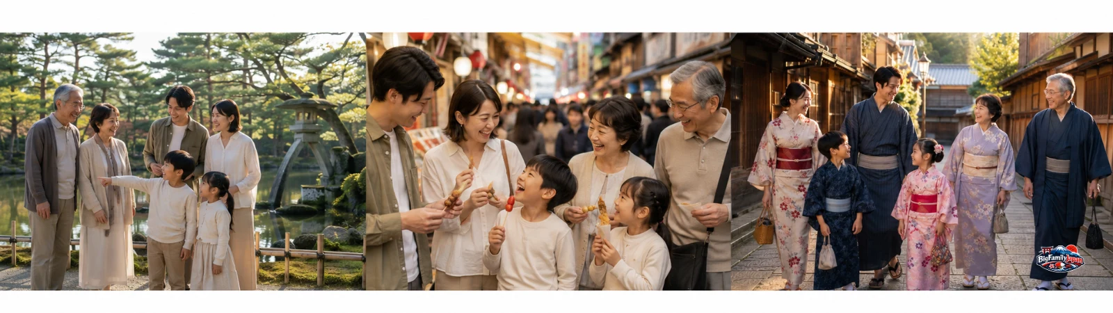 A family's day in Kanazawa: the garden in the morning, street food at the market at midday, and the teahouse district in kimono in the afternoon (AI-generated image)