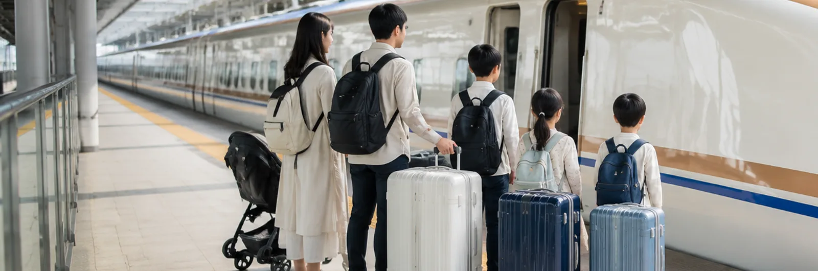 A family with big suitcases boarding the Hokuriku Shinkansen Asama (E7) on the platform