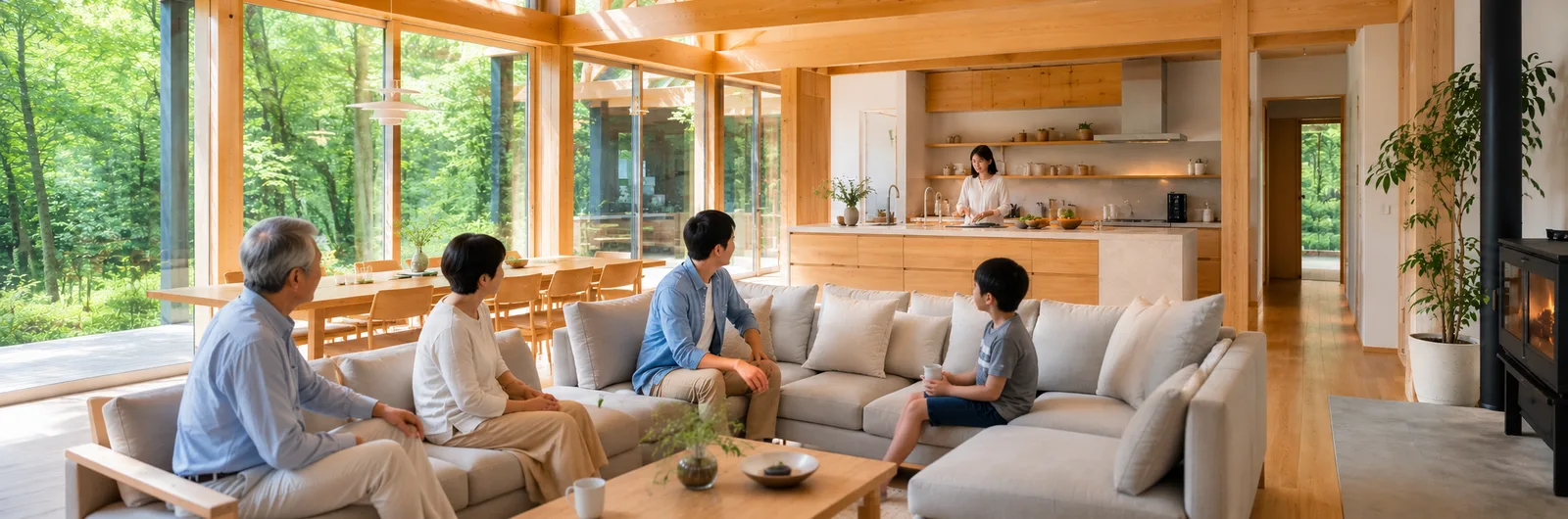 Image of a large family relaxing in a whole-house rental villa with a spacious living-dining area overlooking the woods and a full kitchen