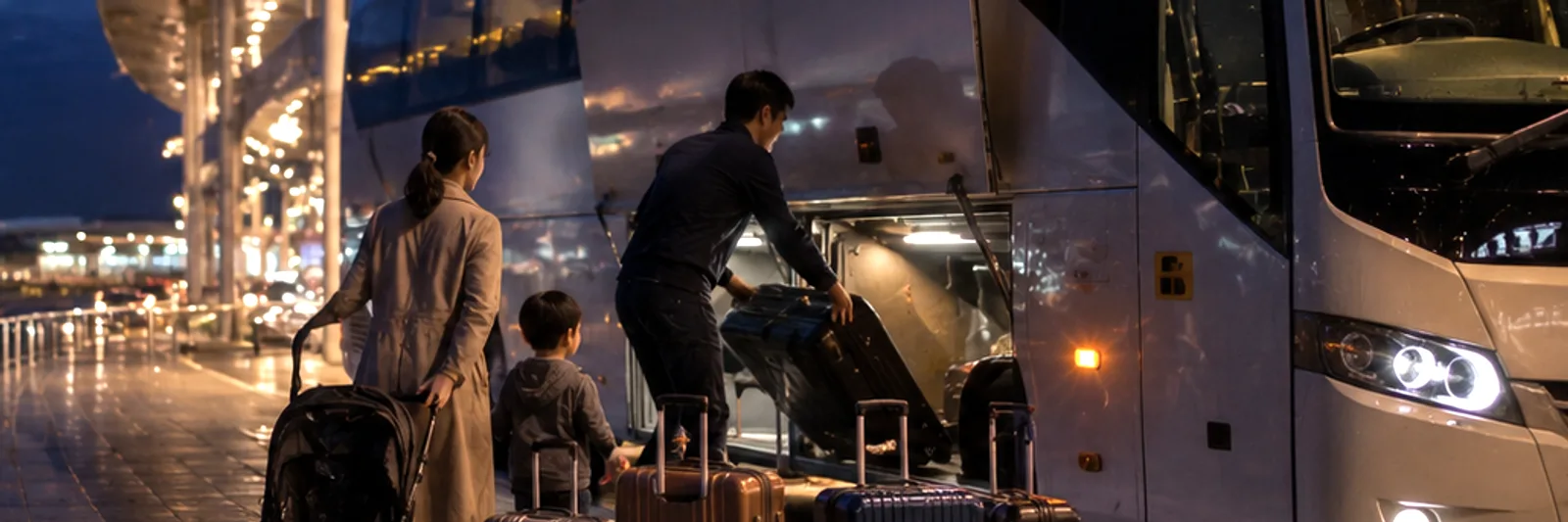 A family loading big suitcases into the under-floor hold of a limousine bus at the airport