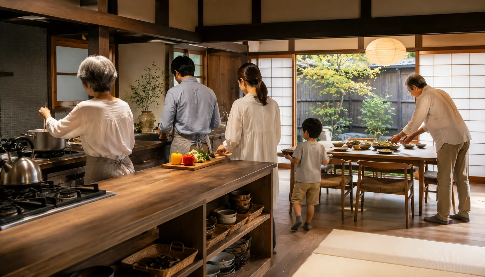A family cooking in a machiya's full kitchen and setting the table (AI-generated image)