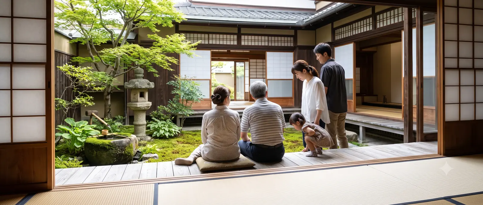 A family of five looking out at a Kyoto machiya courtyard garden from the engawa veranda (AI-generated image)