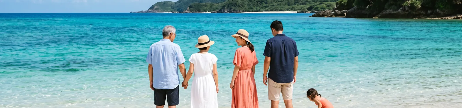 A family of five standing in the emerald shallows of Motobu (AI-generated image)