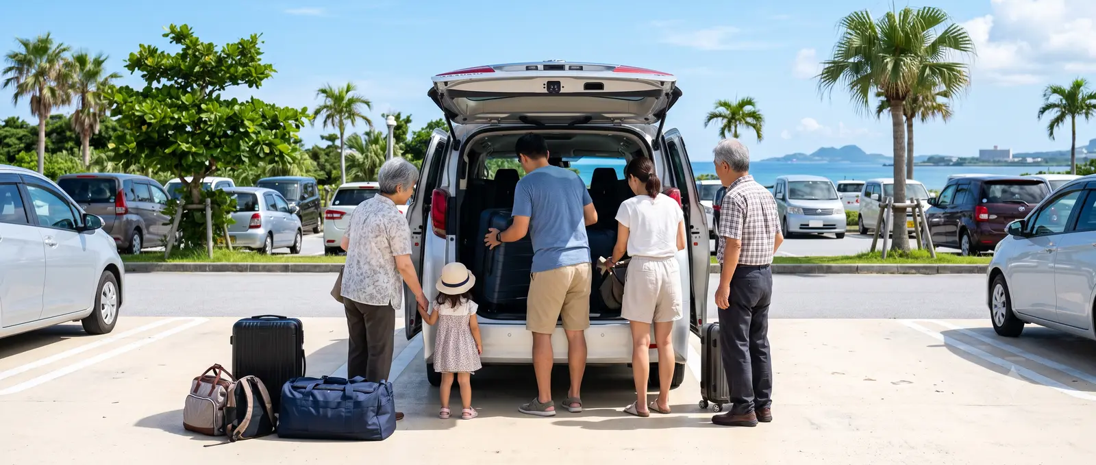 Loading the whole family's luggage into a large minivan's cargo area (AI-generated image)