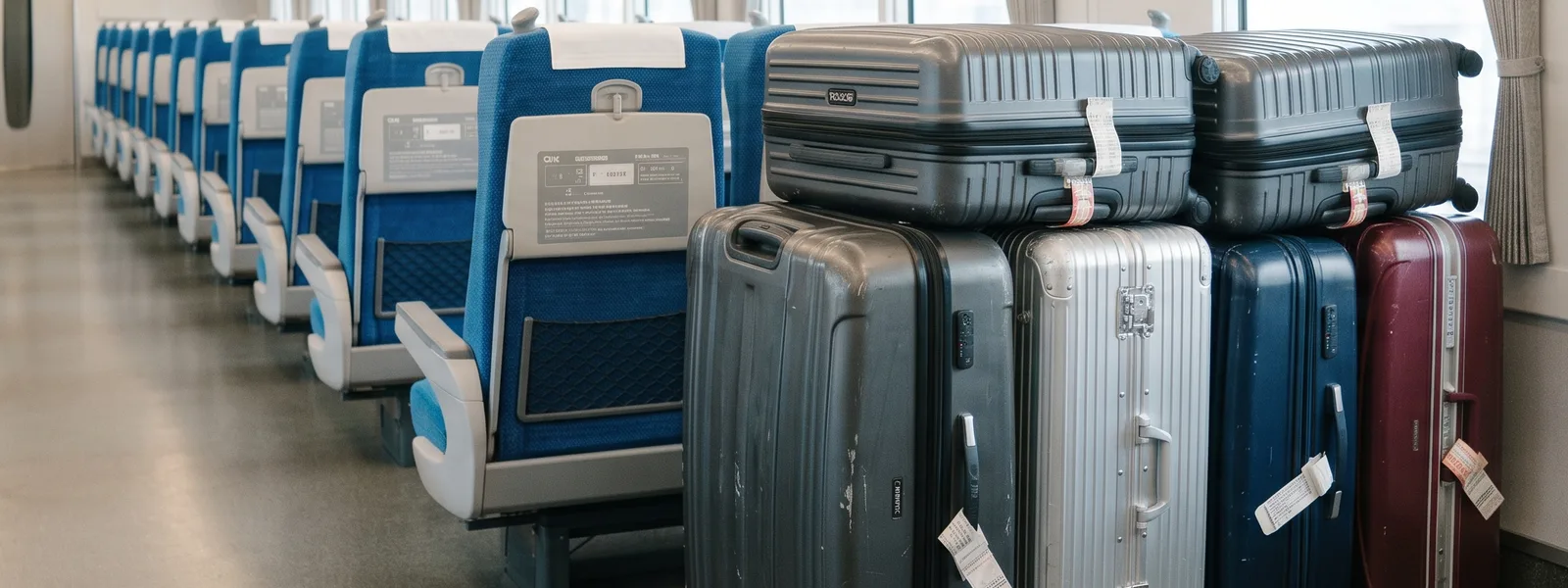 Image of large suitcases lined up in the oversized-baggage space beside Shinkansen seats