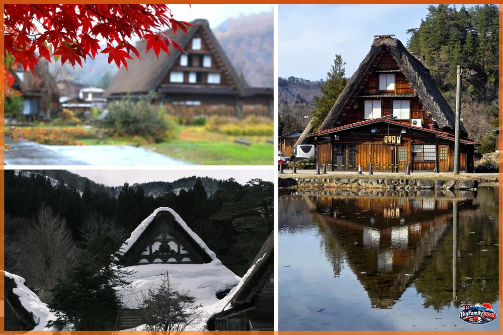 Shirakawa-go's Ogimachi gassho-zukuri village (fall foliage, snowy scenery, reflections on the water)