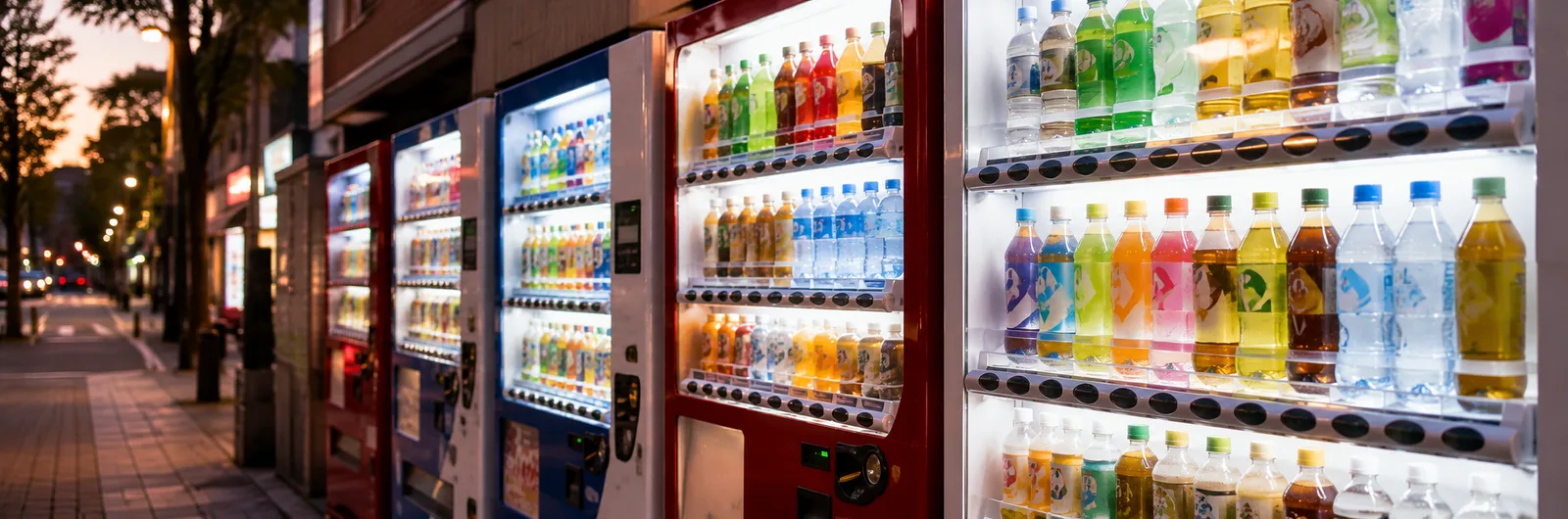 Illustration of Japanese vending machines lining a street, filled with rows of cold drinks
