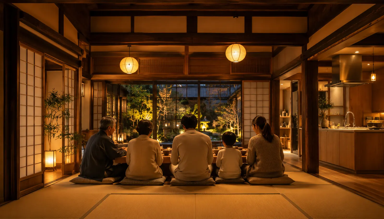 A family of five relaxing under one roof in the living room of a whole-house machiya rental (AI-generated image)