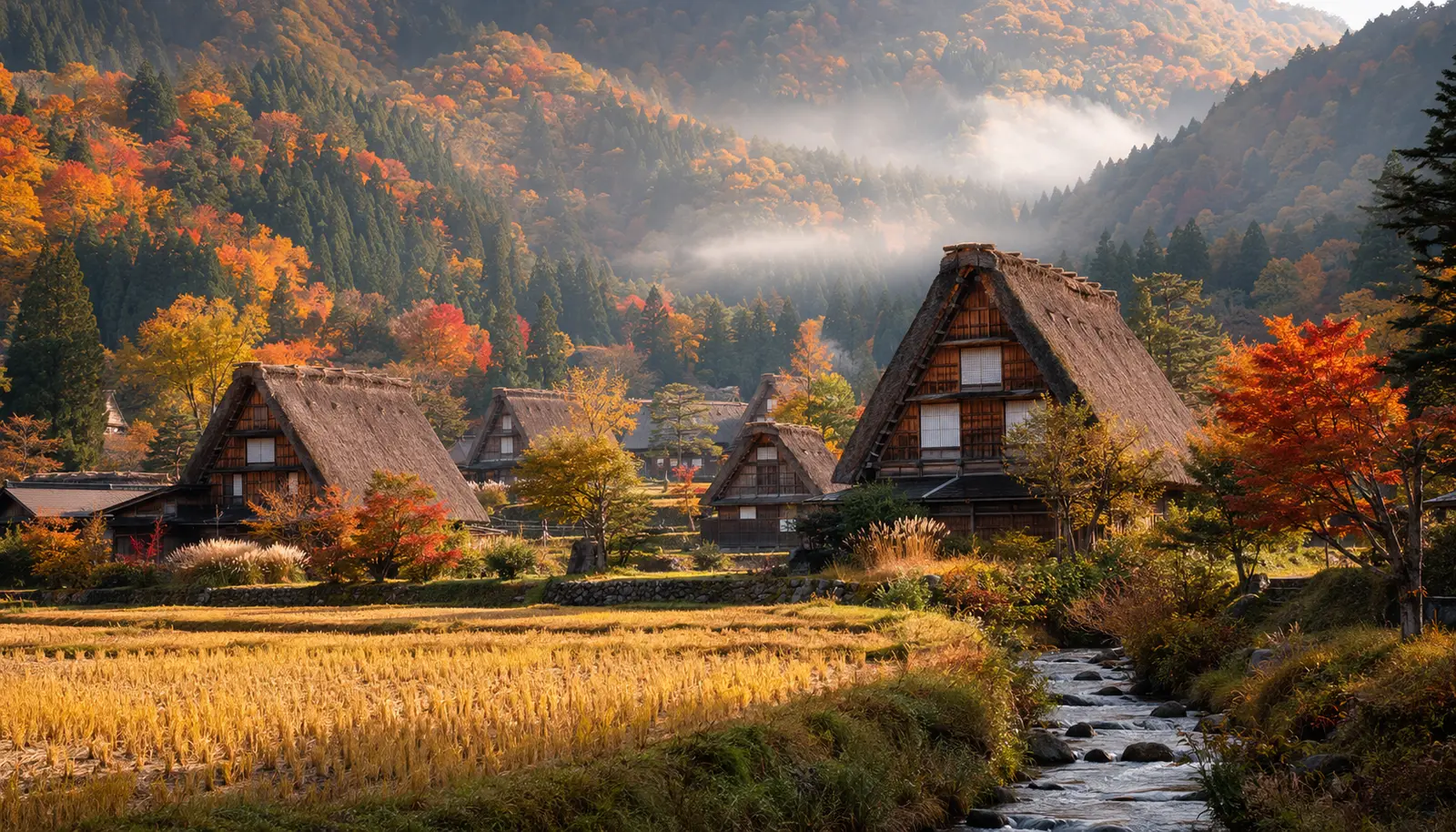 Shirakawa-go's gassho-zukuri village and autumn foliage, an easy day trip from a Takayama base (AI-generated image)