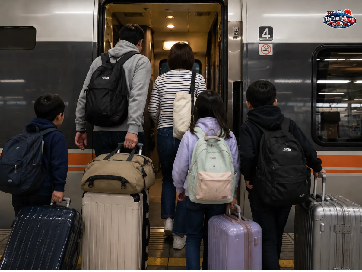 A family of five with large luggage boarding a limited express train (AI-generated image)