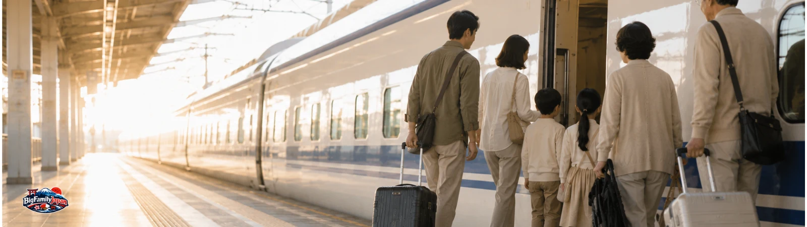 A three-generation family with large suitcases boarding the Hokuriku Shinkansen at Tokyo Station (AI-generated image)