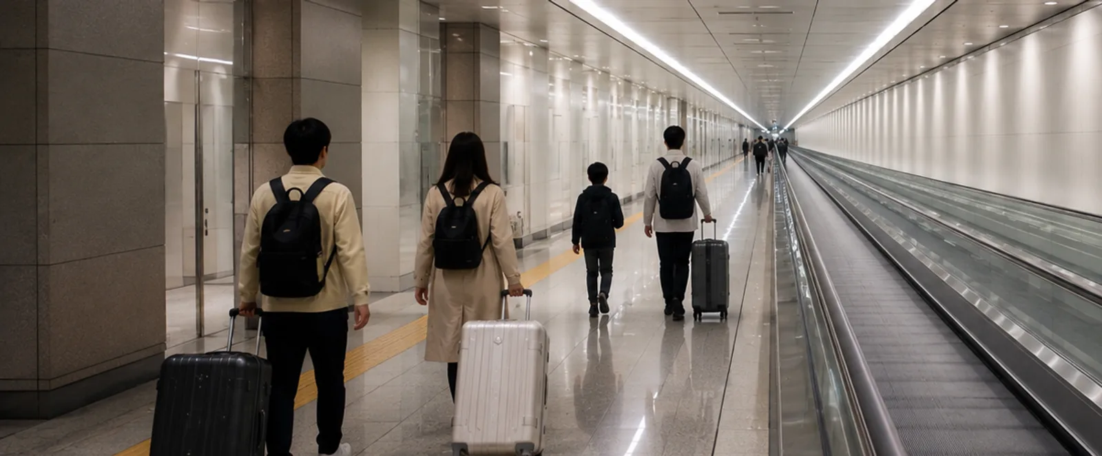 Travellers wheeling suitcases along a long underground station passage (AI-generated image)