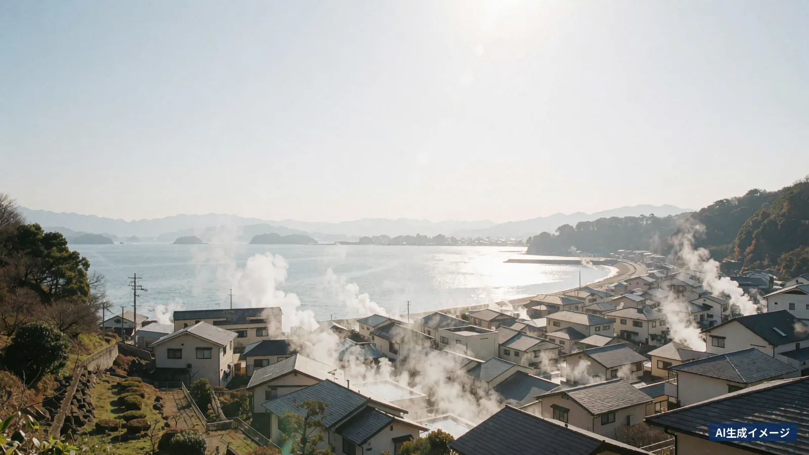Steam rising over the onsen rooftops of Beppu and Beppu Bay (AI-generated image)
