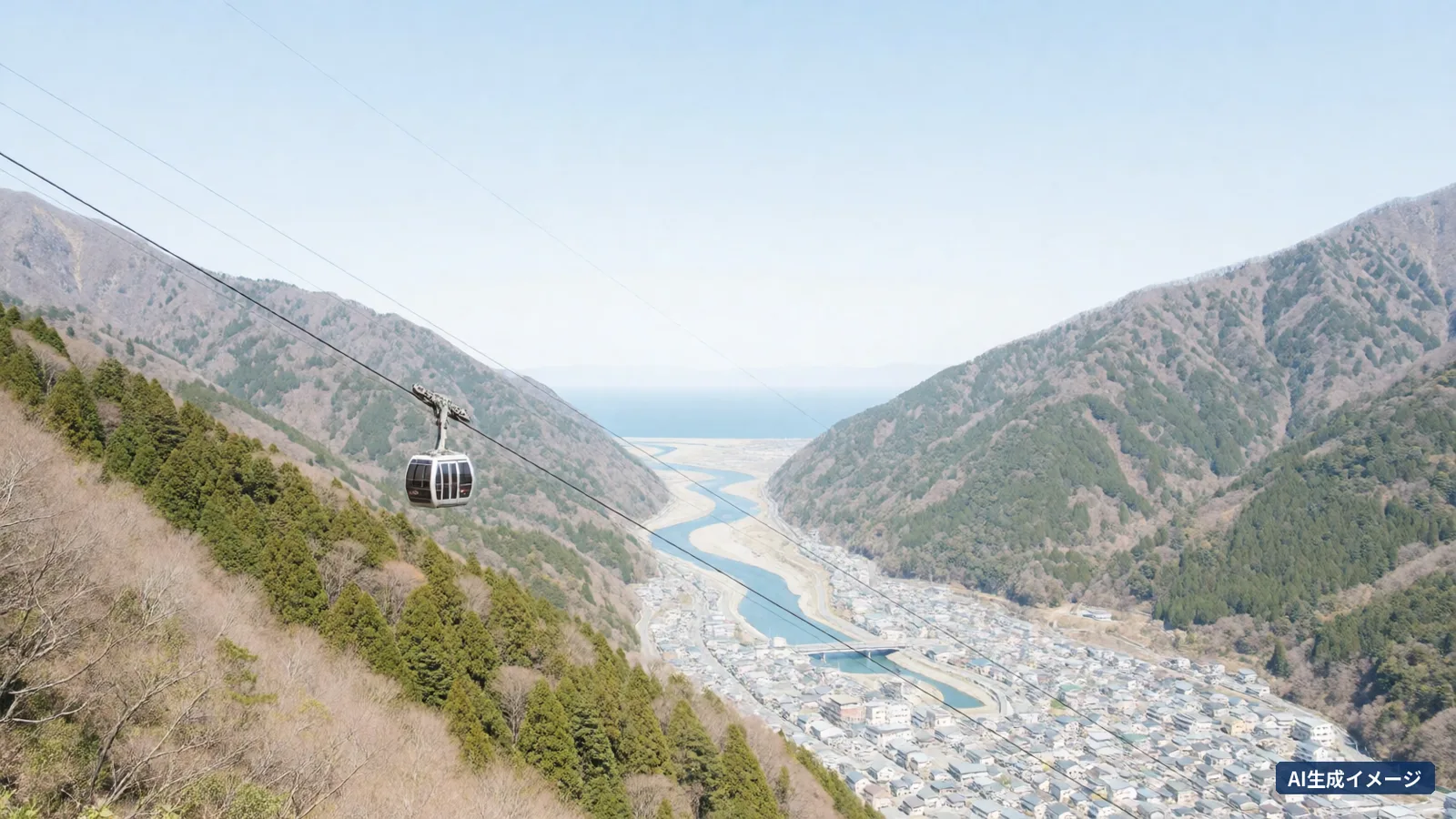 A ropeway crossing above a hot spring town in a valley, with a river running towards the sea in the distance (AI-generated image)