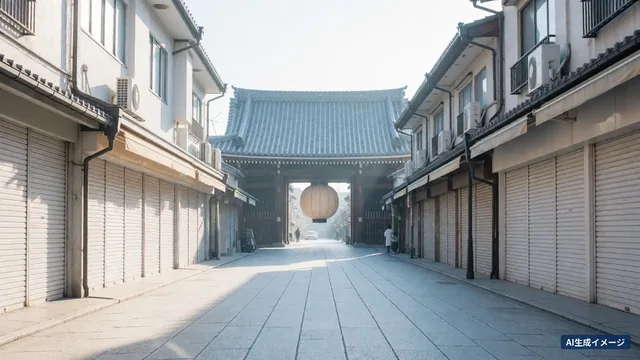 A temple approach at dawn, shutters down, with a huge paper lantern gate at the end (AI-generated image)