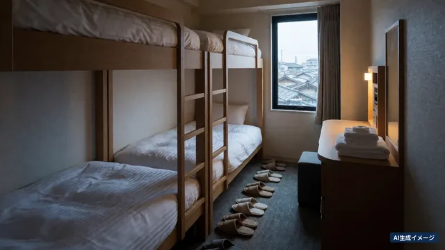 Three bunk beds along one wall with six pairs of slippers on the floor (AI-generated image)