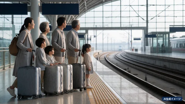 A three-generation family of six waiting on an airport railway platform with their suitcases lined up (AI-generated image)