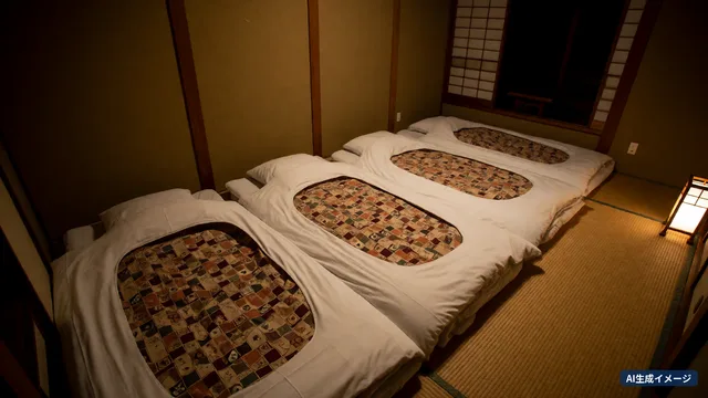 Four futons laid out side by side in a tatami room (AI-generated image)