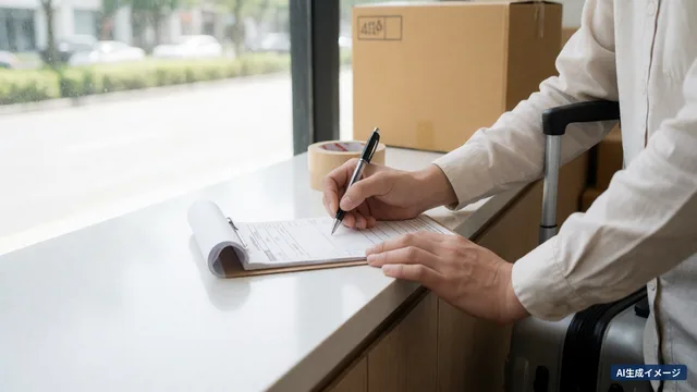 Hands filling in a courier form beside a suitcase (AI-generated image)