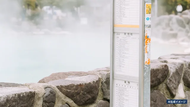 A bus stop sign and timetable in an onsen town (AI-generated image)