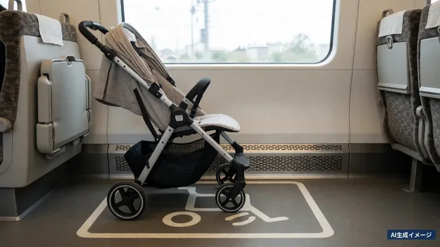 A pushchair in the wheelchair and pushchair space of a train, with the floor marking (AI-generated image)