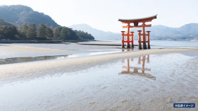 A vermilion torii gate standing offshore above the sand at low tide (AI-generated image)