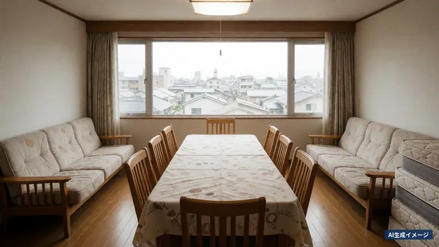 Six people around one table at dinner in a residence-style property in Hiroshima (AI-generated image)
