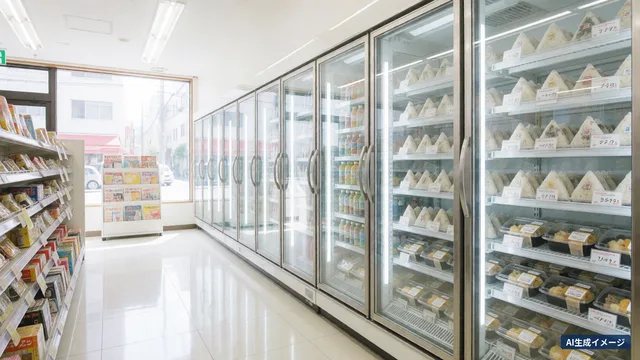 The bright interior of a convenience store, with chilled cases of rice balls and bento (AI-generated image)
