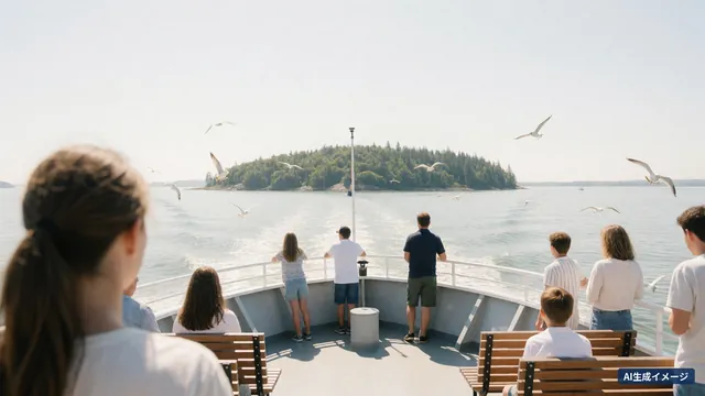 A family looking at Miyajima from the upper deck of a ferry (AI-generated image)