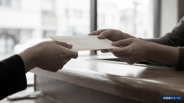 A hand offering a white envelope across a counter and another hand gently pushing it back (AI-generated image)