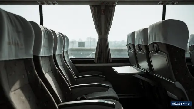 Rows of reclining seats seen down the aisle of a highway bus (AI-generated image)