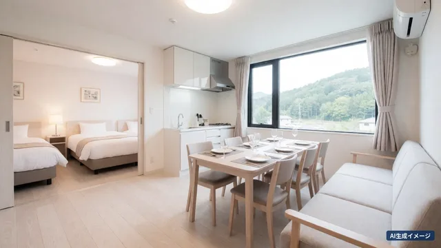 A bright guest room with green mountains outside the window, a dining table and sofa for six (AI-generated image)