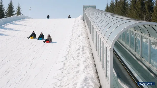 People sliding down a slope on plastic sleds beside a covered moving walkway (AI-generated image)