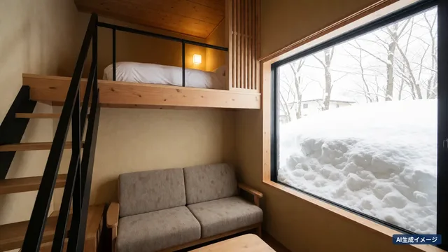 A maisonette room with bedrooms upstairs and a living room below, snow outside the window (AI-generated image)