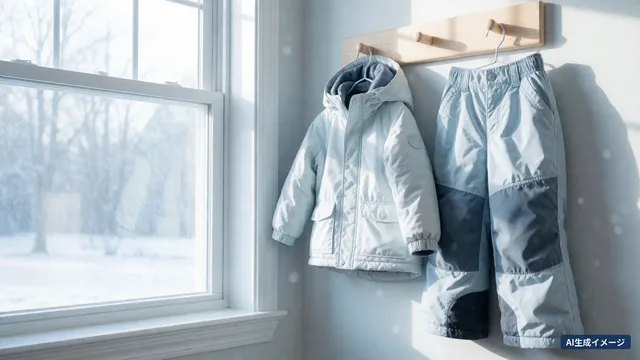 A child’s snow jacket and snow pants hanging on a wooden wall (AI-generated image)