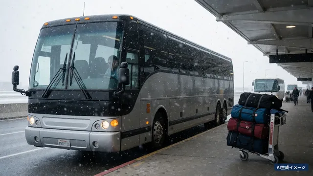 A large coach and ski bags outside an airport in falling snow (AI-generated image)