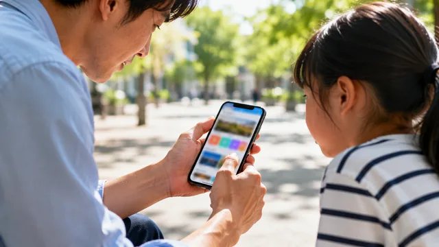 A parent and child looking at a smartphone screen