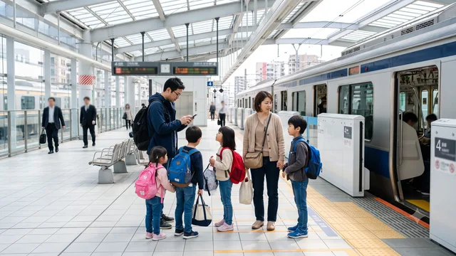 A family checking a smartphone on a station platform