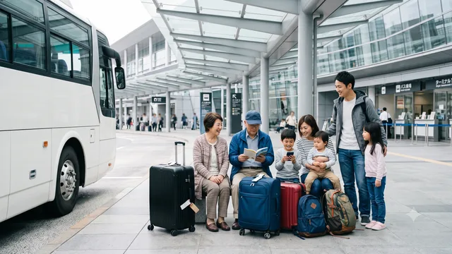 A family waiting for a bus at the airport with their luggage